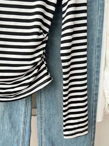 Muvela Women's Versatile Open Shoulder Black And White Striped Long-Sleeve Knit T-Shirt, Slim-Fit Casual French Ideal For Fall Workwear Brunch - Black and White - View 5