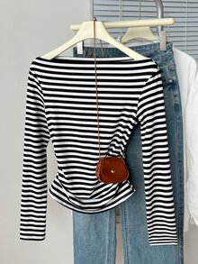 Muvela Women's Versatile Open Shoulder Black And White Striped Long-Sleeve Knit T-Shirt, Slim-Fit Casual French Ideal For Fall Workwear Brunch - Black and White - View 9