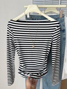 Muvela Women's Versatile Open Shoulder Black And White Striped Long-Sleeve Knit T-Shirt, Slim-Fit Casual French Ideal For Fall Workwear Brunch - Black and White - View 7
