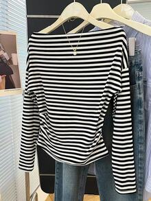 Muvela Women's Versatile Open Shoulder Black And White Striped Long-Sleeve Knit T-Shirt, Slim-Fit Casual French Ideal For Fall Workwear Brunch - Black and White - View 1