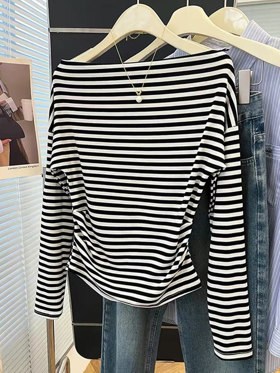 Muvela Women's Versatile Open Shoulder Black And White Striped Long-Sleeve Knit T-Shirt, Slim-Fit Casual French Ideal For Fall Workwear Brunch - Black and White - View 1