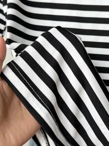 Muvela Women's Versatile Open Shoulder Black And White Striped Long-Sleeve Knit T-Shirt, Slim-Fit Casual French Ideal For Fall Workwear Brunch - Black and White - View 4
