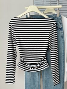 Muvela Women's Versatile Open Shoulder Black And White Striped Long-Sleeve Knit T-Shirt, Slim-Fit Casual French Ideal For Fall Workwear Brunch - Black and White - View 2