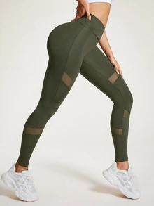 Easithlete 交叉腰部網布拼接瑜伽運動緊身褲 - 軍綠色 - 查看 3
