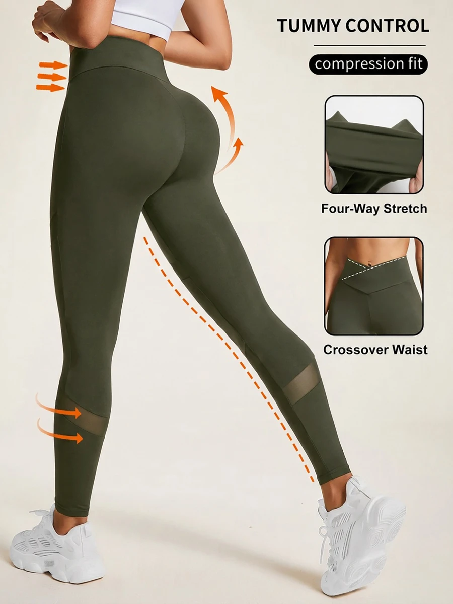 Easithlete 交叉腰部網布拼接瑜伽運動緊身褲 - 軍綠色 - 查看 1