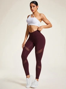 Easithlete 女款網布拼接休閒百搭日常穿著運動緊身內搭褲 - 酒紅色 - 查看 3