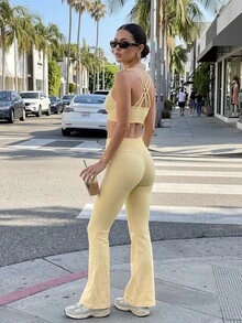 SHEIN PariChic Women's Tank Top And Criss-Cross Waist Flared Pants Sports Modest Athleisure Set Gym Workout Pale Yellow Summer - Pale Yellow - View 2