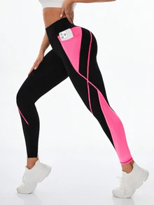 SHEIN Sports 女士休闲运动撞色手机口袋紧身裤 - 彩色 - 查看 7