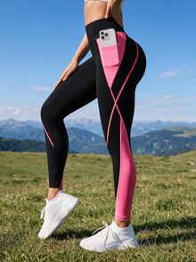 SHEIN Sports 女士休闲运动撞色手机口袋紧身裤 - 彩色 - 查看 3