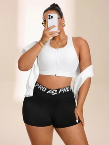 Solea Cove Women's Plus Size Athletic Yoga Outdoor Gym Shorts With Lettered Webbing Waistband, Light V-Shaped Crossover Waist, Basic Style - Black - View 5