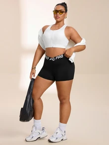 Solea Cove Women's Plus Size Athletic Yoga Outdoor Gym Shorts With Lettered Webbing Waistband, Light V-Shaped Crossover Waist, Basic Style - Black - View 6