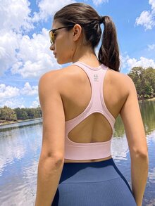 SHEIN Sports 纯色镂空后背运动文胸 - 粉色 - 查看 3