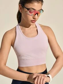SHEIN Sports 纯色镂空后背运动文胸 - 粉色 - 查看 2