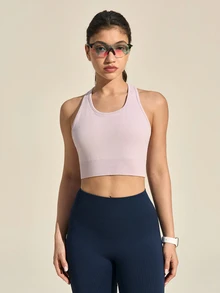 SHEIN Sports 纯色镂空后背运动文胸 - 粉色 - 查看 7