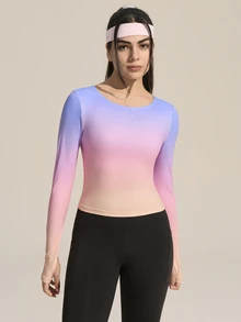 Exploreva Exploreva Atasan Olahraga Wanita Lengan Panjang dengan Lubang Jempol dan Motif Garis Reflektif Gradien Terbaru - MultiWarna - View 4