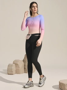 Exploreva Exploreva Atasan Olahraga Wanita Lengan Panjang dengan Lubang Jempol dan Motif Garis Reflektif Gradien Terbaru - MultiWarna - View 7