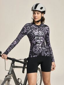 SHEIN Sports 女士标语自行车印花长袖拉链骑行服 长袖骑行服 骑行服 女士骑行服 女士骑行上衣 骑行服 - 黑色 - 查看 3