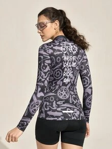 SHEIN Sports 女士标语自行车印花长袖拉链骑行服 长袖骑行服 骑行服 女士骑行服 女士骑行上衣 骑行服 - 黑色 - 查看 7