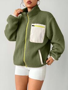 SHEIN Sports 女士深绿色针织抓绒外套，无缝纯色短款，翻领长袖，罗纹针织点缀，休闲户外 - 墨綠色 - 查看 6