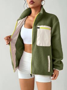 SHEIN Sports 女士深绿色针织抓绒外套，无缝纯色短款，翻领长袖，罗纹针织点缀，休闲户外 - 墨綠色 - 查看 5