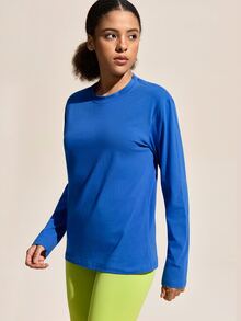 SHEIN Sports 女士字母、恐龙和骷髅图案圆领长袖户外T恤 - 藍色 - 查看 5