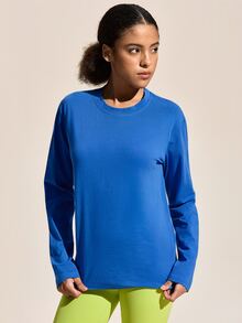 SHEIN Sports 女士字母、恐龙和骷髅图案圆领长袖户外T恤 - 藍色 - 查看 4