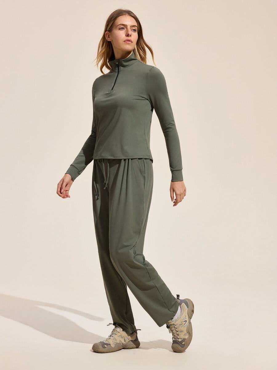 Exploreva Exploreva Women's Solid Color Top And Pants Outdoor Suit - Army Green - View 1