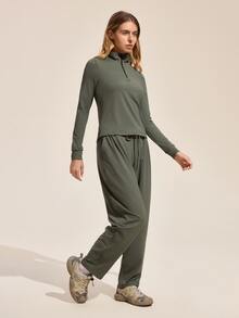 Exploreva Exploreva Women's Solid Color Top And Pants Outdoor Suit - Army Green - View 2