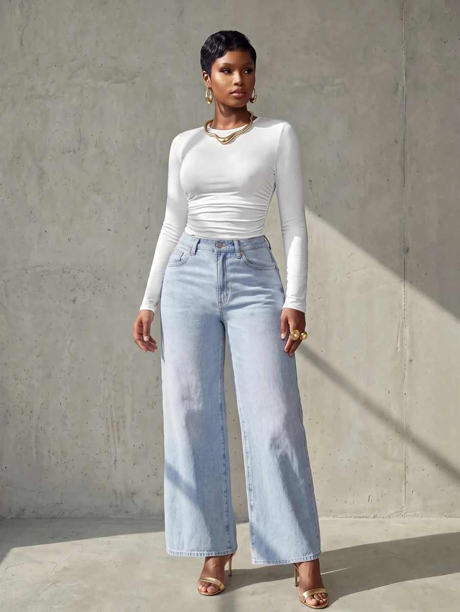 VaVaBold Solid Color Round Neck Slim Fit T-Shirt With Pleats Fall Cloth For Women - White - View 1