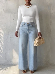 VaVaBold Solid Color Round Neck Slim Fit T-Shirt With Pleats Fall Cloth For Women - White - View 5