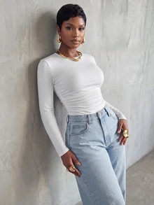 VaVaBold Solid Color Round Neck Slim Fit T-Shirt With Pleats Fall Cloth For Women - White - View 6