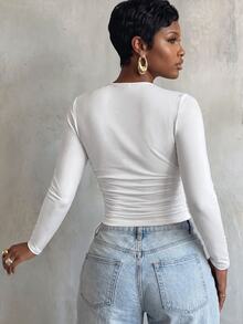VaVaBold Solid Color Round Neck Slim Fit T-Shirt With Pleats Fall Cloth For Women - White - View 2