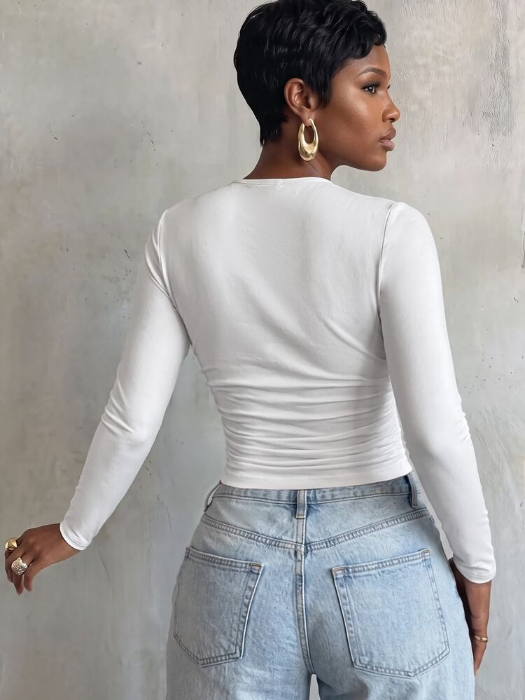 VaVaBold Solid Color Round Neck Slim Fit T-Shirt With Pleats Fall Cloth For Women - White - View 2