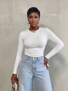 VaVaBold Solid Color Round Neck Slim Fit T-Shirt With Pleats Fall Cloth For Women - White - View 4