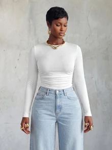 VaVaBold Solid Color Round Neck Slim Fit T-Shirt With Pleats Fall Cloth For Women - White - View 3