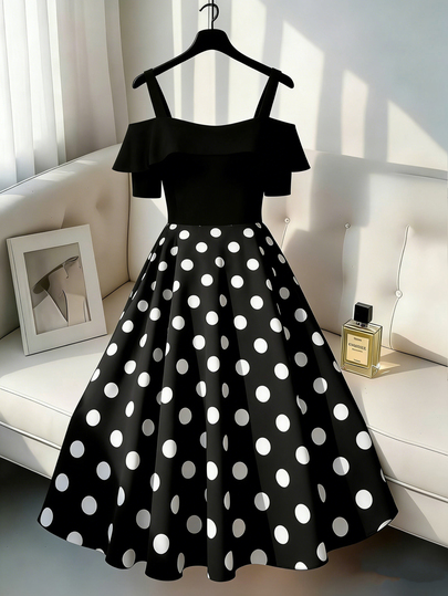 Formidée Vestido Elegante Estampado com Bolinhas, Ombros à Mostra e Recortes para Mulheres Plus Size