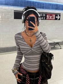 StreetHx Women's Striped Colorblock Asymmetrical Design V-Neck Fitted Vintage Versatile Long Sleeve Knit Sweater - Grey - View 3