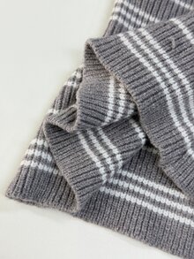 StreetHx Women's Striped Colorblock Asymmetrical Design V-Neck Fitted Vintage Versatile Long Sleeve Knit Sweater - Grey - View 6