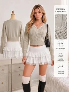Elamini Asymmetrical Cable Design Short Slim Fit V-Neck Versatile Exquisite Cute Vibe Autumn/Winter Long Sleeve Knitted Sweater - Apricot - View 3