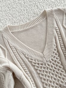 Elamini Asymmetrical Cable Design Short Slim Fit V-Neck Versatile Exquisite Cute Vibe Autumn/Winter Long Sleeve Knitted Sweater - Apricot - View 5