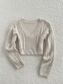 Elamini Asymmetrical Cable Design Short Slim Fit V-Neck Versatile Exquisite Cute Vibe Autumn/Winter Long Sleeve Knitted Sweater - Apricot - View 6