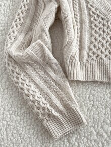 Elamini Asymmetrical Cable Design Short Slim Fit V-Neck Versatile Exquisite Cute Vibe Autumn/Winter Long Sleeve Knitted Sweater - Apricot - View 4
