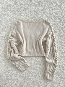Elamini Asymmetrical Cable Design Short Slim Fit V-Neck Versatile Exquisite Cute Vibe Autumn/Winter Long Sleeve Knitted Sweater - Apricot - View 2