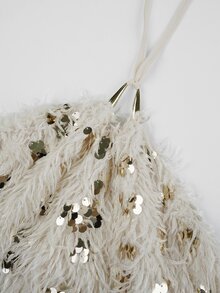 SHEIN Unity Women Halter Sequin Fringe Mini Dress, Sleeveless Bodycon Party, Off-White Short For Halloween Night Out, Clubbing, Date Summer Sexy - Apricot - View 4