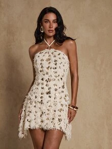 SHEIN Unity Women Halter Sequin Fringe Mini Dress, Sleeveless Bodycon Party, Off-White Short For Halloween Night Out, Clubbing, Date Summer Sexy - Apricot - View 8