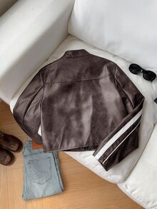 Comfortcana 大码女式咖啡棕色和白色对比设计 PU 夹克 - 咖啡棕 - 查看 2