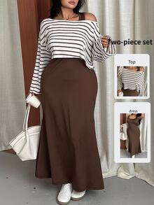 GalTyme Plus Size Women's Summer Solid Color Dress And Striped Long Sleeve Top Vacation 2 Pieces Set Fall - Rust Brown - View 2