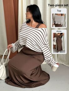 GalTyme Plus Size Women's Summer Solid Color Dress And Striped Long Sleeve Top Vacation 2 Pieces Set Fall - Rust Brown - View 1