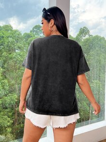 Comfortcana Plus Size Women Vintage Washed Soft Knit Fabric Halloween Skull Hand Print Cartoon Short Sleeve T-Shirt, For Summer - Black - View 2
