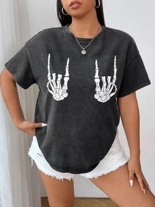 Comfortcana Plus Size Women Vintage Washed Soft Knit Fabric Halloween Skull Hand Print Cartoon Short Sleeve T-Shirt, For Summer - Black - View 5